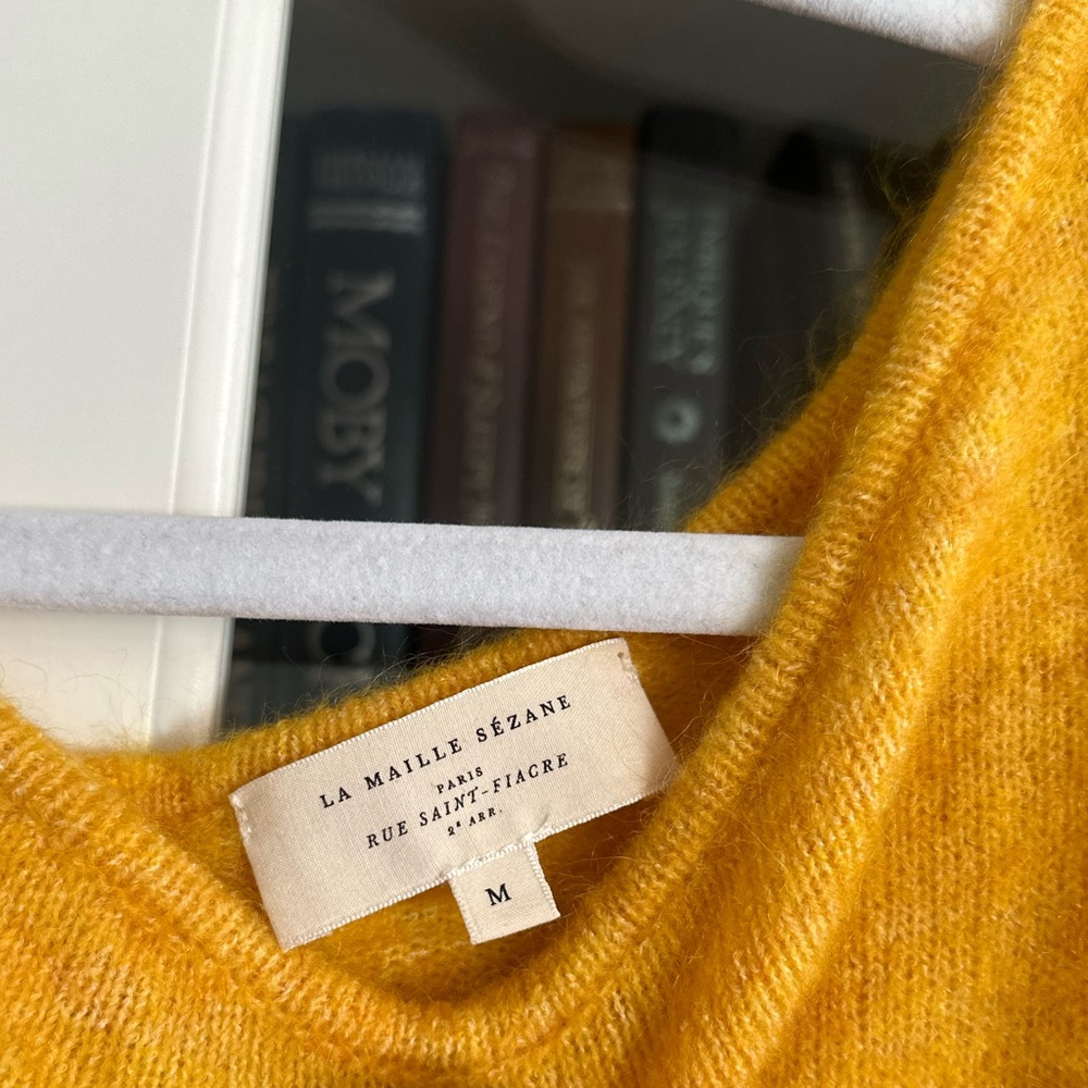 Sezane Mustard Yellow Fuzzy Boatneck Sweater - Picture 6 of 8